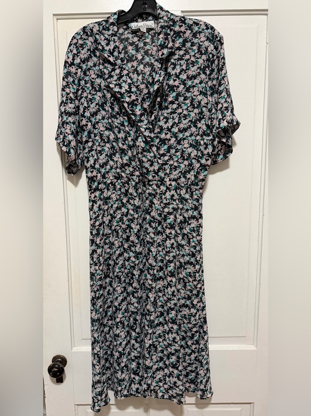 Vintage 80's Does 40'a Black Floral Semi Sheer Dress XL